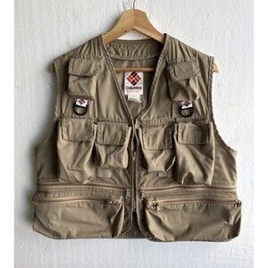 VTG 1970's Columbia Fishing Vest Utility Multi Pockets Tan Men's Size Medium